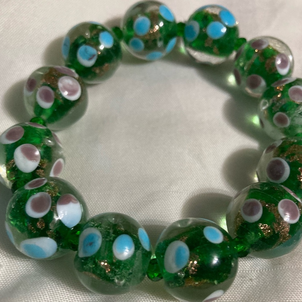 Italian Hand Painted Glass Necklace & Bracelet W/Gold Flakes